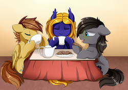 Size: 2334x1643 | Tagged: safe, artist:pridark, oc, oc:butter cream, oc:engie, oc:krafty kitsune, bat pony, earth pony, pegasus, pony, bat pony oc, biscuits, black mane, blue eyes, british, brown mane, cup, eyes closed, food, gay, green face, male, mug, nauseous, simple background, sipping, sitting, stallion, table, tea, teacup, yellow mane