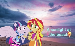 Size: 2048x1278 | Tagged: safe, artist:php77, editor:php77, sunset shimmer, twilight sparkle, equestria girls, g4, female, lesbian, ship:sunsetsparkle, shipping, wallpaper