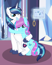 Size: 1088x1344 | Tagged: safe, artist:crystalhearts123yt, shining armor, oc, oc:crystal hearts, pony, unicorn, g4, father and daughter, father's day, female, hug, magic, male, mare, offspring, parent:princess cadance, parent:shining armor, parents:shiningcadance