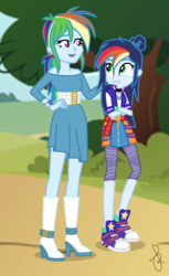 Size: 421x690 | Tagged: safe, artist:ilaria122, rainbow dash, oc, oc:sky, equestria girls, g4, belt, boots, bracelet, choker, clothes, converse, equestria girls-ified, geode of super speed, high heel boots, high heels, jacket, jersey, jewelry, leggings, magical geodes, mother and daughter, next generation, offspring, older, older rainbow dash, parent:rainbow dash, parent:soarin', parents:soarindash, park, piercing, ponytail, shoes, simple background, smiling, sneakers, socks, varsity jacket, walking