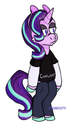 Size: 692x1225 | Tagged: safe, artist:pony-puke, starlight glimmer, unicorn, semi-anthro, g4, cheek fluff, clothes, female, lidded eyes, mare, pants, shirt, simple background, solo, transparent background