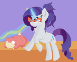 Size: 4700x3760 | Tagged: safe, artist:rainbowtashie, rarity, pony, slowpoke (pokémon), unicorn, g4, alternate hairstyle, chest fluff, crossover, glasses, glasses rarity, hair bun, magic, measuring tape, messy bun, messy mane, pincushion, pokémon, simple background