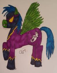 Size: 1027x1303 | Tagged: safe, artist:rapidsnap, oc, oc only, oc:rapidsnap, pony, clothes, costume, shadowbolts, shadowbolts costume, solo, traditional art