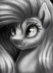 Size: 1191x1648 | Tagged: safe, artist:eternalsubscriber, fluttershy, pony, g4, bust, commission, female, mare, monochrome, portrait, smiling, solo