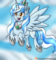 Size: 1500x1600 | Tagged: safe, artist:novaspark, oc, oc only, alicorn, pony, alicorn oc, cloud, flying, patreon, patreon logo, patreon reward, princess, smiling, solo