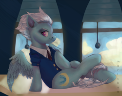 Size: 1116x873 | Tagged: safe, artist:ijustmari, fleetfoot, pegasus, pony, g4, blinds, clothes, cloud, desk, draw me like one of your french girls, female, lidded eyes, necktie, smiling, solo, suit, uniform, wonderbolts uniform