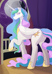 Size: 2480x3508 | Tagged: safe, artist:ronniesponies, princess celestia, alicorn, pony, g4, balcony, butt, curtains, female, full moon, high res, looking at you, looking back, looking back at you, mare, moon, night, night sky, no pupils, plot, sky, smiling, solo