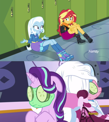 Size: 1276x1436 | Tagged: safe, screencap, starlight glimmer, sunset shimmer, trixie, unicorn, equestria girls, equestria girls series, forgotten friendship, g4, no second prances, cucumber, discovery family logo, food, mud mask, ponyville spa, sitting, spa, towels