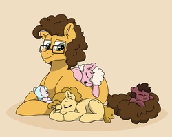 Size: 1907x1521 | Tagged: safe, artist:pastel-charms, cheese sandwich, oc, oc:carmel bell, oc:rocky, oc:taffy twirl, oc:twinkle star, pony, g4, colt, father and child, father's day, female, filly, glasses, male, offspring, parent:cheese sandwich, parent:pinkie pie, parents:cheesepie, prone, simple background, yellow background