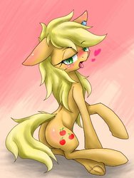 Size: 480x640 | Tagged: safe, artist:azurepicker, applejack, earth pony, pony, g4, applebutt, blushing, butt, cutie mark, female, heart, mare, open mouth, plot, solo, tongue out