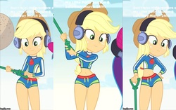 Size: 6760x4256 | Tagged: safe, edit, edited screencap, screencap, applejack, equestria girls, g4, lost and found, my little pony equestria girls: better together, absurd resolution, belly button, clothes, female, headphones, hips, sexy, shovel, solo, swimsuit, thighs