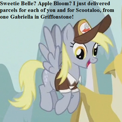 Size: 420x420 | Tagged: safe, edit, edited screencap, editor:korora, screencap, derpy hooves, scootaloo, crusaders of the lost mark, g4, clothes, cropped, cute, derpabetes, hat, implied apple bloom, implied cutie mark crusaders, implied gabby, implied scootaloo, implied sweetie belle, mailpony, text, uniform