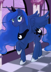 Size: 2480x3508 | Tagged: safe, artist:ronniesponies, princess luna, alicorn, pony, g4, blushing, female, high res, looking at you, mare, raised hoof, solo, spread wings, wings