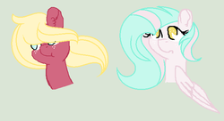 Size: 600x327 | Tagged: safe, artist:mlp-awesomebases, oc, oc only, earth pony, pegasus, pony, bust, duo, female, freckles, green background, mare, offspring, parent:big macintosh, parent:fluttershy, parents:fluttermac, simple background