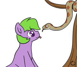 Size: 1600x1400 | Tagged: safe, artist:fig, oc, oc only, oc:fig, earth pony, pony, snake, cute, looking at something, male, mlem, silly, simple background, sitting, smiling, snek, stallion, tongue out, tree