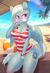 Size: 829x1200 | Tagged: safe, artist:lonelycross, fleetfoot, pegasus, anthro, g4, alternate hairstyle, beach, beach ball, bracelet, breasts, cleavage, clothes, commission, cutie mark, female, glasses, jewelry, mare, palm tree, perky breasts, sand, sexy, solo, sunglasses, swimsuit, tree, ych result
