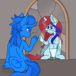 Size: 2625x2625 | Tagged: safe, artist:php192, oc, oc only, pegasus, pony, unicorn, belly button, broken mirror, chest fluff, ear piercing, earring, female, frown, high res, jewelry, male, mirror, piercing, reaching, sad, sitting