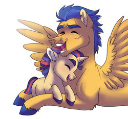 Size: 1024x955 | Tagged: safe, artist:cascayd, flash sentry, oc, oc:starswirl, pegasus, pony, unicorn, g4, colt, eyes closed, father and son, father's day, happy, male, offspring, papa flash, parent:flash sentry, parent:twilight sparkle, parents:flashlight, simple background, smiling, white background