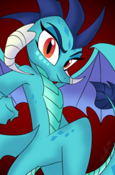 Size: 800x1214 | Tagged: safe, artist:emositecc, princess ember, dragon, g4, dragon lord ember, dragoness, female, looking at you, smiling, smirk, solo