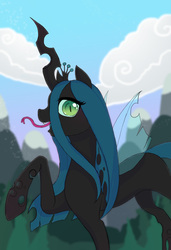 Size: 2068x3032 | Tagged: safe, artist:ronniesponies, queen chrysalis, changeling, changeling queen, g4, crown, fangs, female, high res, jewelry, regalia, solo, tongue out, transparent wings, wings