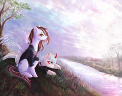 Size: 2230x1754 | Tagged: safe, artist:elzafox, oc, oc only, pegasus, pony, unicorn, duo, nature, river, scenery, sunset, water