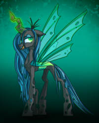 Size: 1280x1603 | Tagged: source needed, safe, artist:roaert, queen chrysalis, changeling, changeling queen, g4, chromatic aberration, dark magic, female, glowing eyes, glowing horn, horn, magic, solo, wallpaper