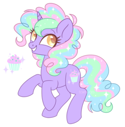 Size: 2683x2731 | Tagged: safe, artist:hawthornss, oc, oc:cake wishes, pony, unicorn, cupcake, curly hair, cute, food, high res, magical lesbian spawn, offspring, parent:pinkie pie, parent:princess celestia, parents:pinkielestia, simple background, smiling, sparkles, transparent background