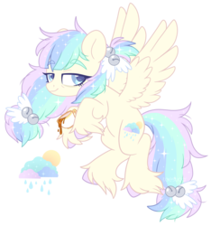 Size: 3057x3263 | Tagged: safe, artist:hawthornss, oc, oc only, oc:early bird, oc:morning rain, pegasus, pony, bell, cloud, coffee, cup, food, hair accessory, high res, looking at you, rain, simple background, sleepy, smiling, solo, tired, transparent background, unshorn fetlocks
