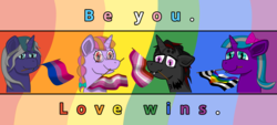 Size: 8861x4000 | Tagged: safe, artist:starry mind, oc, oc only, oc:elizabat stormfeather, oc:glitter shine (ice1517), oc:night rose (ice1517), oc:starry mind, alicorn, bat pony, bat pony alicorn, bat pony unicorn, hybrid, pony, unicorn, alicorn oc, bat pony oc, bisexual pride flag, bow, bust, cute, cute little fangs, fangs, female, flag, gay pride flag, glasses, goth, hair bow, lesbian, lesbian pride flag, lidded eyes, love wins, lovewins, male, mare, medibang paint, motivational, pigtails, pride, pride flag, pride month, rainbow, requested art, slit pupils, stallion, straight ally flag, tattoo, twintails