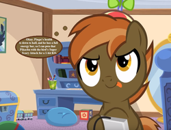 Size: 756x576 | Tagged: safe, artist:jan, edit, button mash, button's adventures, g4, beanie, console, cropped, hat, mugen, text, that pony sure does love computer games, thought bubble, tongue out