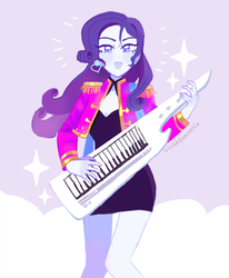 Size: 1684x2046 | Tagged: safe, artist:vilkadvanoli, rarity, equestria girls, friendship through the ages, g4, beautiful, clothes, cloud, cute, dress, female, heart, keytar, looking at you, musical instrument, solo, stars