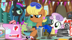 Size: 1100x619 | Tagged: safe, artist:pixelkitties, ms. harshwhinny, queen chrysalis, sweetie belle, human, spider, g4, season 8, alcohol, bagpipes o'toole, burned, clothes, computer, cooking, dc comics, egg (food), food, fried egg, hangover, harley quinn, hiatus, juice, juice box, laptop computer, maple syrup, marco rubio, milk, oatmeal, oats, pajamas, pancakes, republican, sweetie belle can't cook, sweetie fail, vodka, votehorse, whiskey