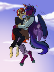 Size: 2048x2732 | Tagged: safe, artist:percy-mcmurphy, oc, oc only, oc:alistair, oc:stardust, alicorn, unicorn, anthro, unguligrade anthro, alicorn oc, eyes closed, gay, high res, kissing, male, next generation, parents:sundancer, parents:twirax, pride month