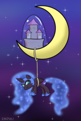 Size: 667x1000 | Tagged: safe, artist:empyu, nightmare moon, alicorn, pony, g4, 45 minute art challenge, chibi, crescent moon, cute, female, mare, mini, moon, night, pouting, sky, solo, stars, tangible heavenly object