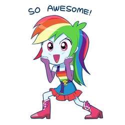 Size: 1028x1028 | Tagged: safe, artist:ryuu, rainbow dash, equestria girls, g4, boots, chibi, clothes, cute, dashabetes, dress, fall formal outfits, female, gloves, looking at you, open mouth, shoes, simple background, skirt, so awesome, solo, white background