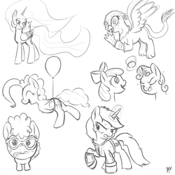 Size: 2000x2000 | Tagged: safe, artist:yakoshi, apple bloom, gabby, philomena, pinkie pie, princess celestia, sweetie belle, twist, oc, oc:littlepip, alicorn, earth pony, griffon, phoenix, pony, unicorn, fallout equestria, apple, balloon, black and white, blushing, bow, candy, candy cane, clothes, cutie mark, eyes closed, fanfic, fanfic art, female, filly, floating, foal, food, glasses, glowing horn, grayscale, gritted teeth, hair bow, hooves, horn, jumpsuit, levitation, looking at you, looking back, magic, mare, monochrome, mouth hold, nom, open mouth, pipbuck, simple background, sketch, smiling, spread wings, teeth, telekinesis, then watch her balloons lift her up to the sky, underhoof, vault suit, waving, white background, wings