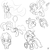 Size: 2000x2000 | Tagged: safe, artist:yakoshi, apple bloom, gabby, philomena, pinkie pie, princess celestia, sweetie belle, twist, oc, oc:littlepip, alicorn, earth pony, griffon, phoenix, pony, unicorn, fallout equestria, g4, apple, balloon, black and white, blushing, bow, butt, candy, candy cane, clothes, cutie mark, eyes closed, fanfic, fanfic art, female, filly, floating, foal, food, glasses, glowing horn, grayscale, gritted teeth, hair bow, high res, hooves, horn, jumpsuit, levitation, looking at you, looking back, magic, mare, monochrome, mouth hold, nom, open mouth, pipbuck, plot, simple background, sketch, smiling, spread wings, teeth, telekinesis, then watch her balloons lift her up to the sky, underhoof, vault suit, waving, white background, wings