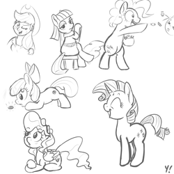 Size: 2000x2000 | Tagged: safe, artist:yakoshi, apple bloom, applejack, maud pie, pinkie pie, rarity, vapor trail, earth pony, human, pegasus, pony, unicorn, g4, bipedal, bit, blushing, candy, chair, clothes, coin, crossed hooves, excited, eyes closed, female, filly, food, freckles, high res, holding, humanized, looking at you, looking back, lying down, mare, monochrome, one eye closed, open mouth, simple background, sketch, smiling, throwing, white background, wink