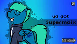 Size: 700x400 | Tagged: safe, artist:supermoix, oc, oc only, oc:supermoix, pony, banned from equestria daily, simple background, solo, splash art, ya got