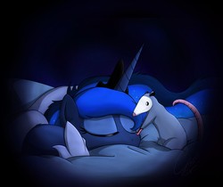 Size: 4288x3600 | Tagged: safe, artist:theravencriss, princess luna, tiberius, alicorn, opossum, pony, g4, eyes closed, female, mare, sleeping