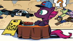 Size: 540x306 | Tagged: safe, artist:andypriceart, official comic, tempest shadow, earth pony, pony, unicorn, g4, idw, spoiler:comic, spoiler:comic67, baseball cap, blues brothers, bluesmobile, cap, car, chase, chicago, chicoltgo, cropped, cute, deep dish pizza, dodge (car), dodge monaco, female, food, hat, male, mare, pizza, police car, police pony, question mark, stallion, tempest's tale, thought bubble, unnamed character, unnamed pony