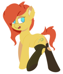Size: 917x1064 | Tagged: safe, artist:rhythmpixel, oc, oc only, earth pony, pony, butt, clothes, cutie mark, ear fluff, female, freckles, hooves, leg fluff, leggings, lineless, mare, needle, open mouth, plot, simple background, socks, solo, thread, transparent background