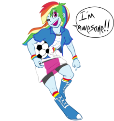 Size: 935x992 | Tagged: safe, artist:sozglitch, rainbow dash, equestria girls, g4, boots, clothes, compression shorts, female, football, looking at you, shoes, shorts, simple background, skirt, socks, solo, sports, transparent background