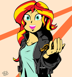 Size: 1299x1377 | Tagged: safe, artist:sozglitch, sunset shimmer, equestria girls, g4, clothes, female, jacket, leather jacket, looking at you, solo