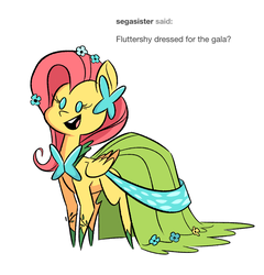 Size: 1317x1373 | Tagged: safe, artist:fluttershythekind, fluttershy, pegasus, pony, g4, ask, clothes, cute, dress, female, gala dress, mare, shyabetes, simple background, smiling, solo, tumblr, white background