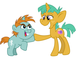 Size: 3200x2500 | Tagged: safe, artist:cheezedoodle96, snails, snips, pony, unicorn, g4, .svg available, bucktooth, colt, duo, duo male, foal, grin, high res, hoofbump, male, open mouth, open smile, raised hoof, rearing, redesign, simple background, smiling, svg, transparent background, vector