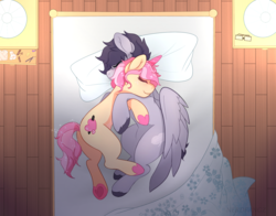 Size: 1400x1100 | Tagged: safe, artist:nerdfangz, oc, oc only, pegasus, pony, unicorn, bed, colored hooves, digital art, duo, eyes closed, female, glasses, male, mare, pillow, snuggling, spread wings, stallion, underhoof, unshorn fetlocks, wings