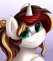 Size: 1722x2003 | Tagged: safe, artist:pridark, oc, oc only, oc:scarlet serenade, pony, unicorn, bust, commission, female, mare, portrait, simple background, smiling, solo