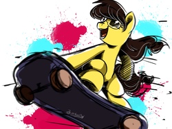 Size: 2048x1536 | Tagged: safe, artist:oofycolorful, oc, oc only, earth pony, pony, abstract background, open mouth, skateboard, solo