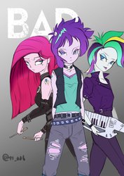 Size: 2893x4092 | Tagged: safe, artist:oberon826, pinkie pie, rarity, starlight glimmer, equestria girls, g4, alternate hairstyle, clothes, drumsticks, female, jacket, jeans, keytar, leather jacket, musical instrument, pants, punk, raripunk, ripped jeans, tongue out, trio
